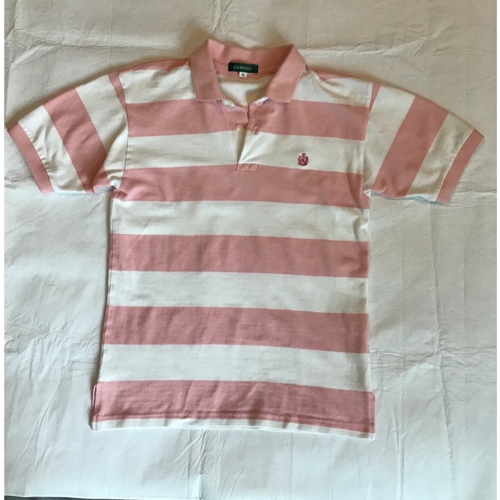 Giordano Mens Pink White Striped Polo Shirt Short Sleeve Crest Logo Size M
